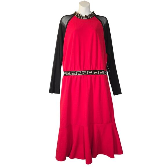 Ashley Stewart Womens 14/16 Red Midi Dress Black Mesh Sleeves Greek Key Trim NWT - Picture 1 of 12